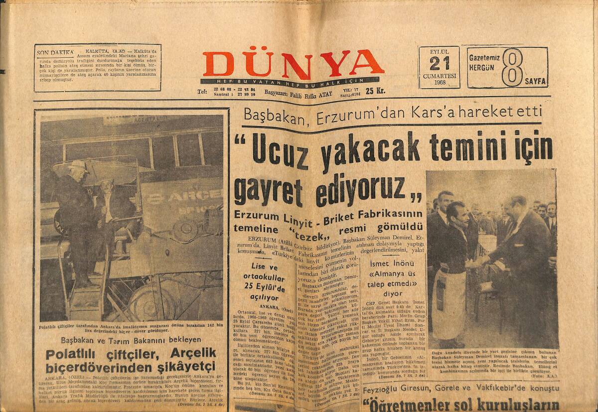 Dünya Gazetesi 21 Eylül 1968 - Boğaz Köprüsü Çevre Yolu İnşaatı Ekim'de başlıyor - Paul, Mia Farrow'a Aşık GZ151007 - 1