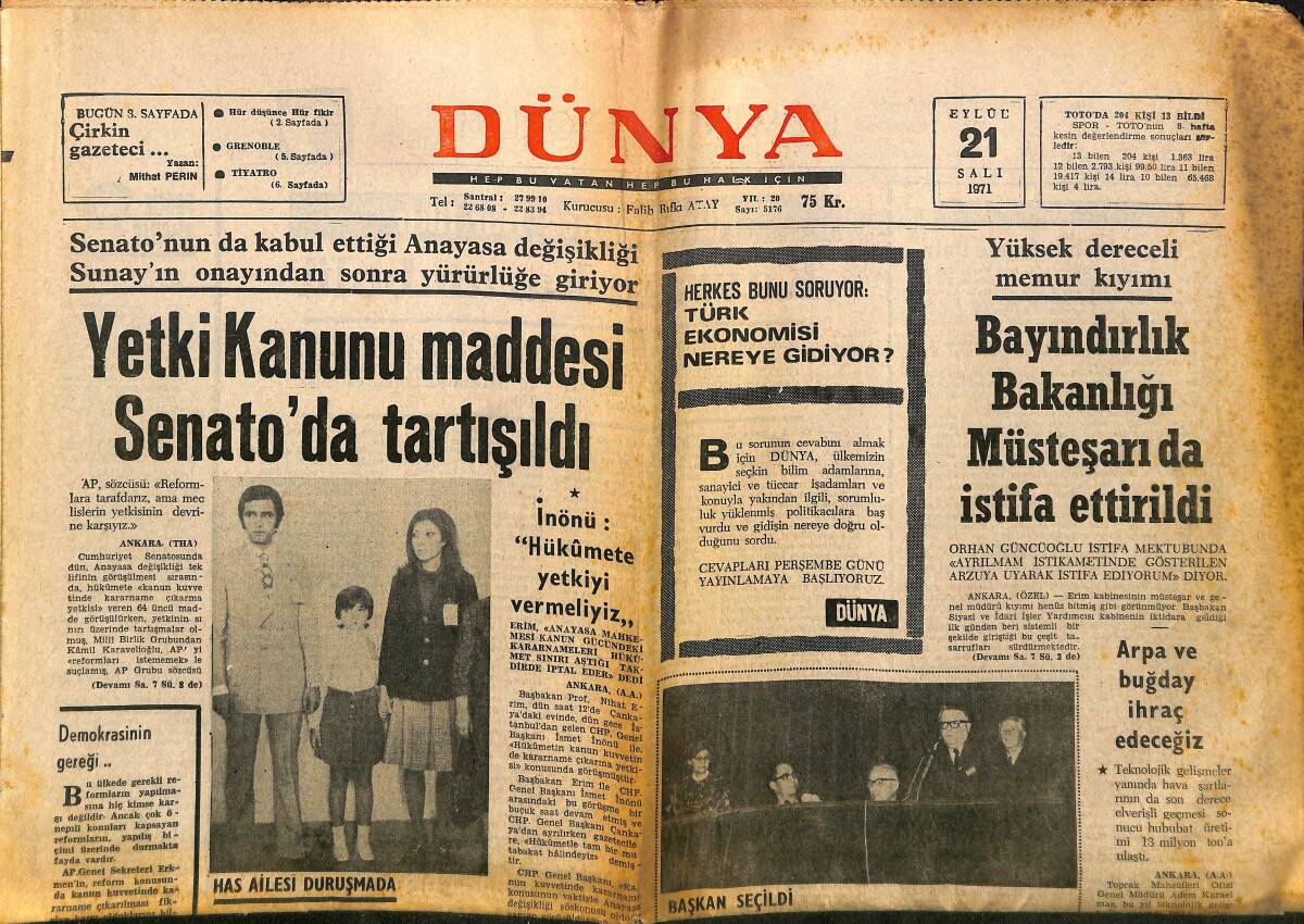 Dünya Gazetesi 21 Eylül 1971 - Boğaziçi Üniversitesi Törenle Eğitime Başladı - Arpa Ve Buğday İhraç Edeceğiz GZ148057 - 1