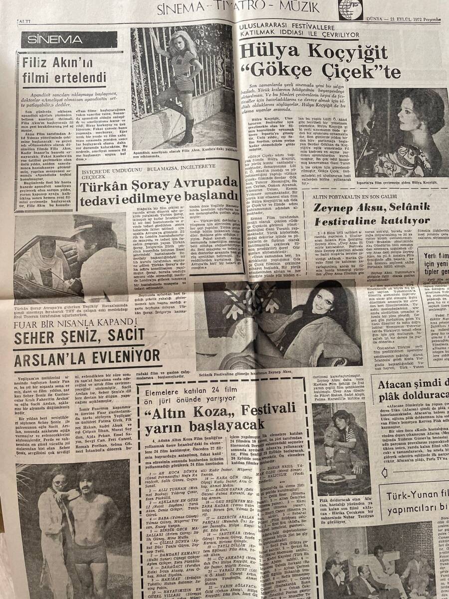 Dünya Gazetesi 21 Eylül 1972 - Filiz Akın'ın Filmi Ertelendi - Hülya Koçyiğit Gökçe Çiçek'te - Türkan Şoray Avrupa'da Tedavi Edilmeye Başlandı GZ143352 - 2