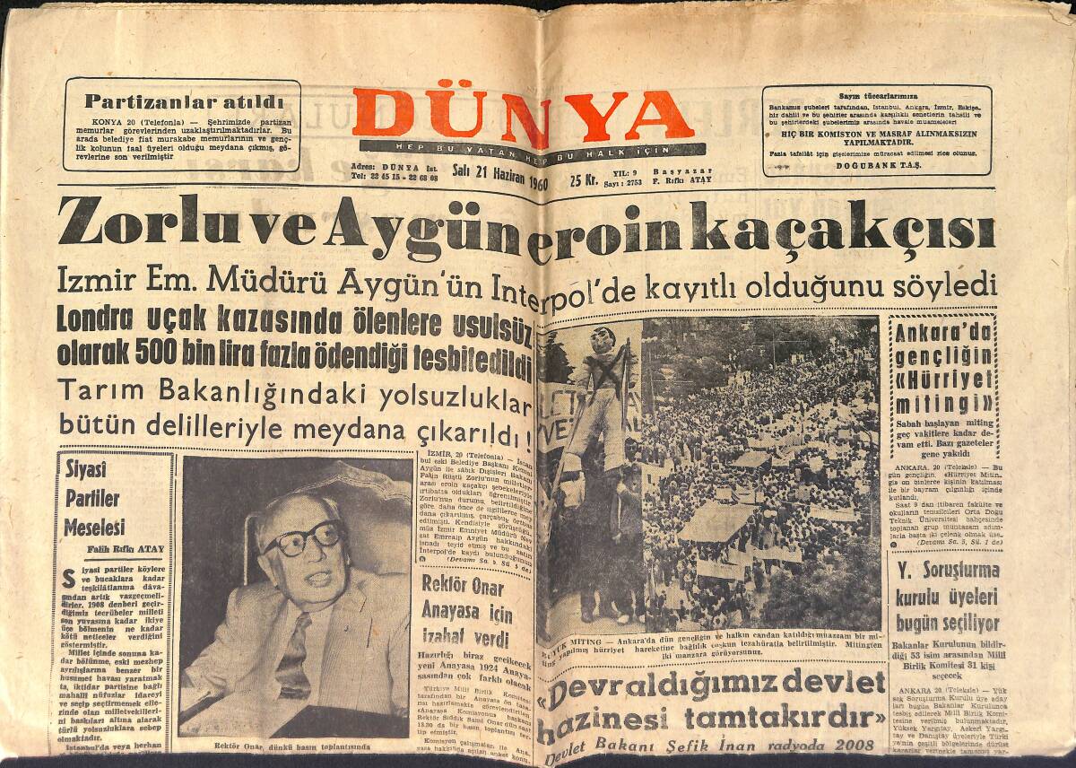 Dünya Gazetesi 21 Haziran 1960 - Zorlu Ve Aygün Kaçakçı - Sosyal Güvenlik Tesis Edilecek GZ153977 - 1