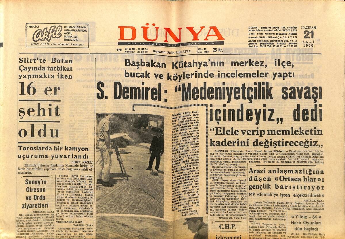 Dünya Gazetesi 21 Haziran 1966 - Makarios , Yine Enosis'ten Dem Vuruyor - Galatasaray'da Saadet Haftası Başladı GZ148138 - 1