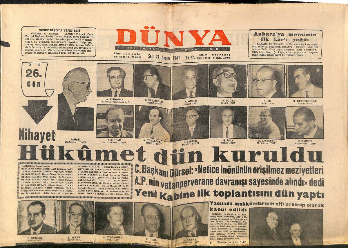 Dünya Gazetesi 21 Kasım 1961 - Hükümet Dün Kuruldu - Eski Bakanlar Ne Yapacaklar ? GZ148090 - 1