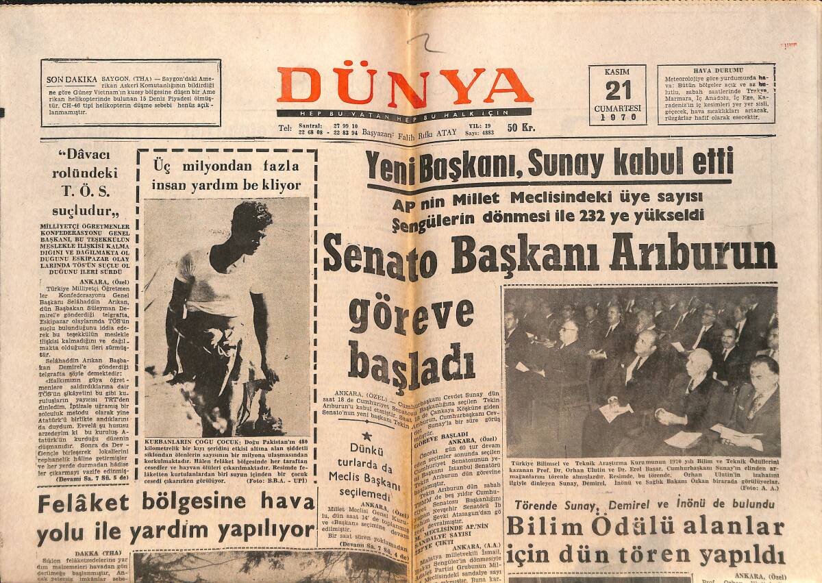 Dünya Gazetesi 21 Kasım 1970 - Paul Mc. Cartney Öldü Deniyor , Oysa Sapasağlam - Yeni Başkanı , Sunay Kabul Etti GZ151307 - 1