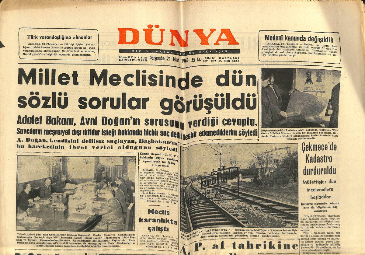Dünya Gazetesi 21 Mart 1963 - Süreyya Beğenildi - Metin Oktay Kadrodan Çıkarıldı GZ150988 - 1