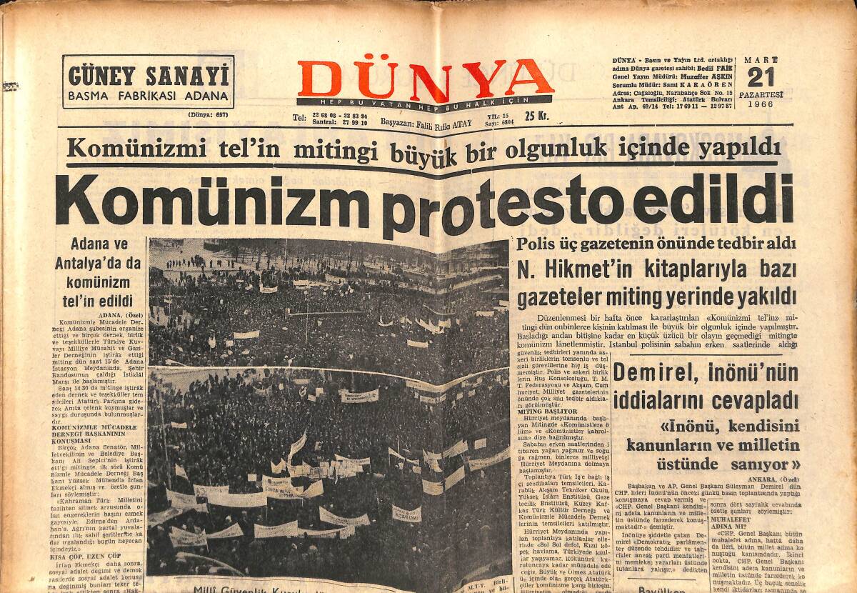 Dünya Gazetesi 21 Mart 1966 - Komünizm Protesto Edildi - Muhalefet Partileri İktidara Çattılar GZ150908 - 1