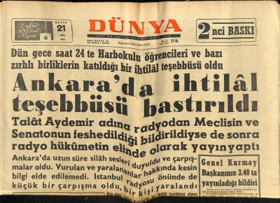 Dünya Gazetesi 21 Mayıs 1963 - Ankarada Sokağa Çıkma Yasağı Kondu GZ115271 - 1