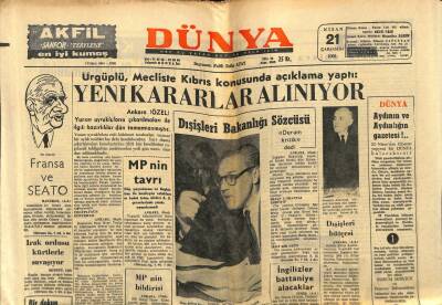 Dünya Gazetesi 21 Nisan 1965 - Ürgüplü Mecliste Kıbrıs Konusunda Yeni Kararlar Alınıyor Dedi GZ59944 - 2