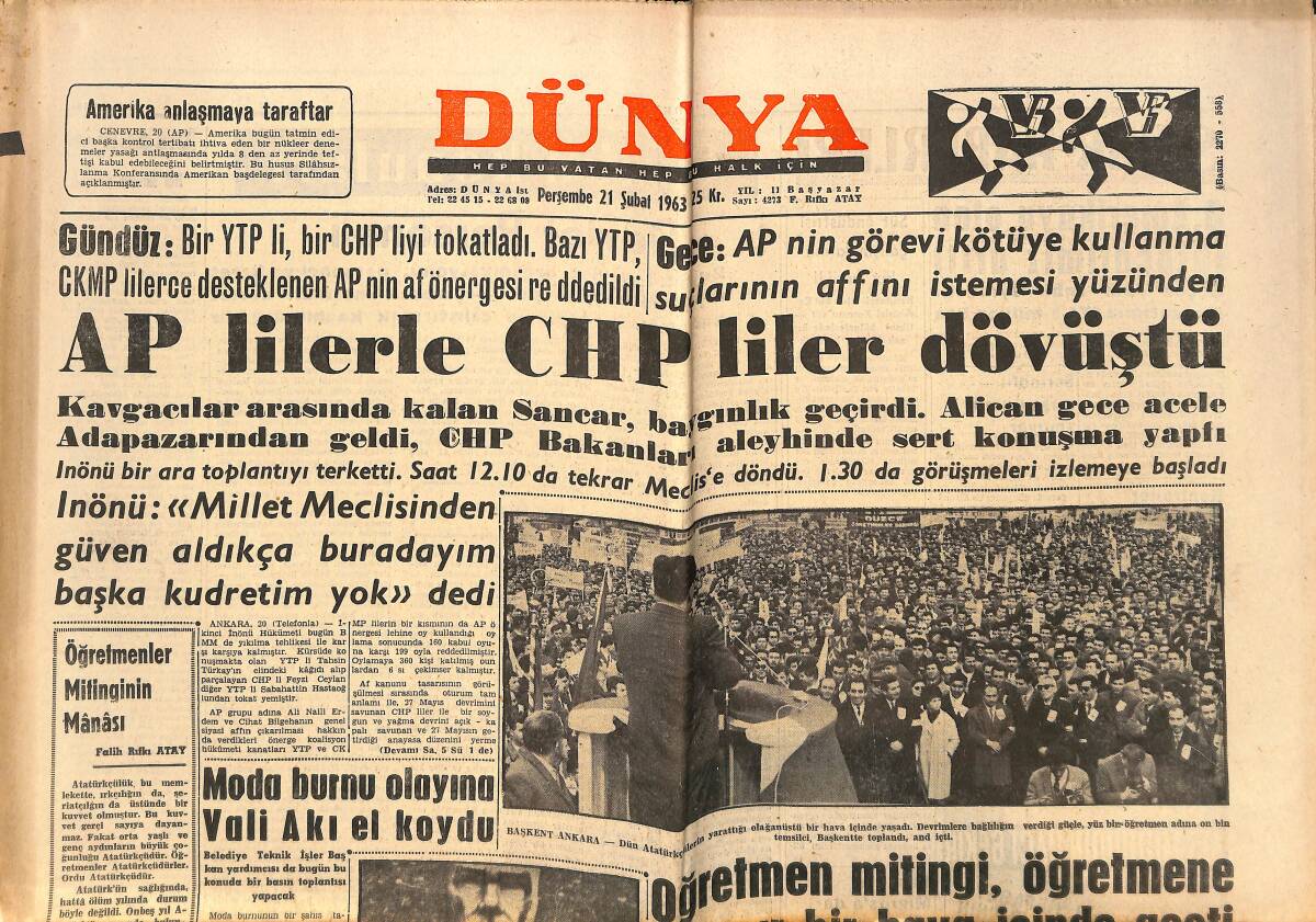 Dünya Gazetesi 21 Şubat 1963 - Kavel Olayı Mahkemede - AP'lilerle CHP'liler Dövüştü GZ150528 - 1