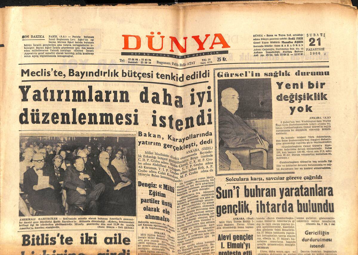 Dünya Gazetesi 21 Şubat 1966 - Almanya'ya İşçi Sevki Durmayacak - Pele, Yarın Evleniyor GZ150824 - 1