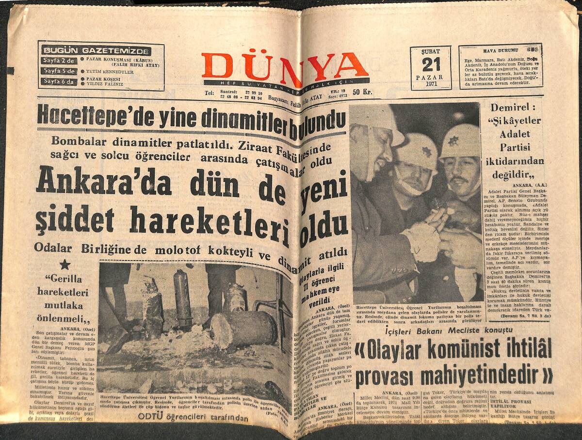 Dünya Gazetesi 21 Şubat 1971 - Boğaz Köprüsü Şiddetli Depremlere Dayanacak - Ankara'da Dün de Yeni Şiddet Hareketleri Oldu GZ143373 - 1
