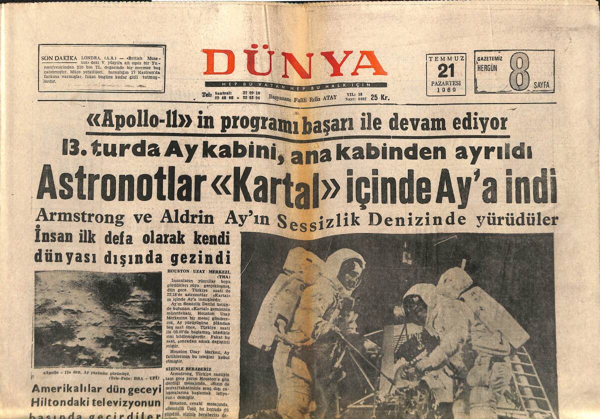 Dünya Gazetesi 21 Temmuz 1969 - Apollo-11 , Uçuşunda Nükleer Enerjiden de Yararlanılıyor GZ148104 - 1