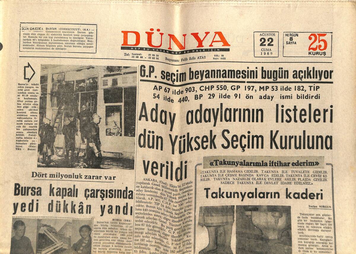 Dünya Gazetesi 22 Ağustos 1969 - Zeki Müren'in Filmi Çevrilmeye Başlanırken Orta Doğu'ya Satıldı - Metin Oktay'la Birlikte Futbolda Bir Devir Bitiyor GZ151008 - 1