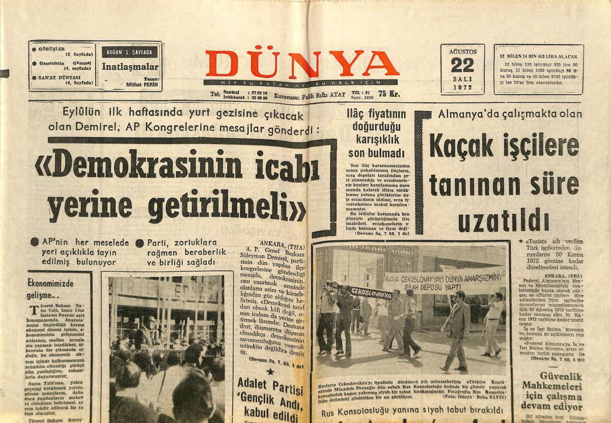 Dünya Gazetesi 22 Ağustos 1972 - Sophia Loren Ayten Gökçe'in Rolünde - Ulvi Uraz Da Bu Sezon Perdelerini Açmıyor GZ148179 - 1