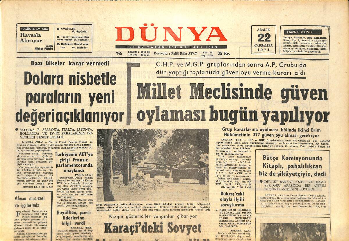 Dünya Gazetesi 22 Aralık 1971 - Dolara Nisbetle Paraların Yeni Değeri Açıklanıyor - Çayın Paketi Elli Kuruş Ucuzlatıldı GZ143683 - 1