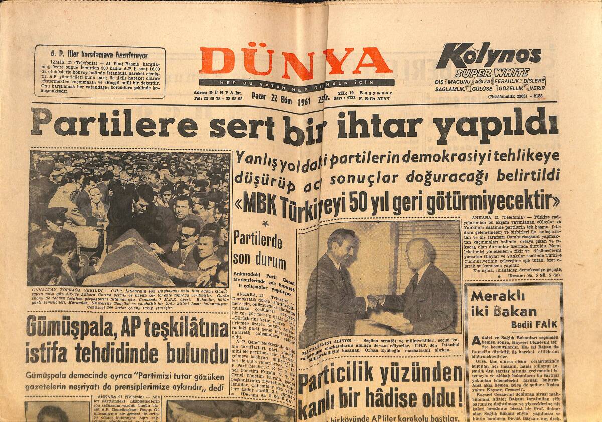 Dünya Gazetesi 22 Ekim 1961 - Şinasi Osma Sıkıyönetime Davet Edildi - Gümüşpala , AP Teşkilatına İstifa Tehdidinde Bulundu GZ152479 - 1