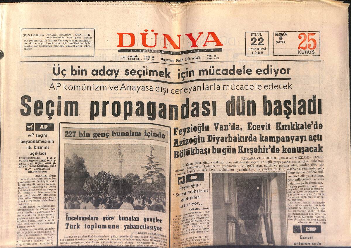Dünya Gazetesi 22 Eylül 1969 - Cağaloğlu'ndaki M.T.T.B. Binası Bu Gece Dinamitlendi - Seçim Propagandası Dün Başladı GZ149590 - 1