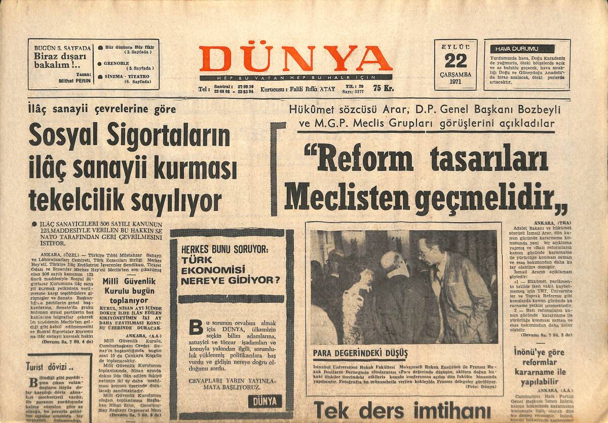 Dünya Gazetesi 22 Eylül 1971 - Türkiye-Polonya Kalpler Krakow'da Atıyor - Tek Ders İmtihanı 7 Ekim'de GZ143656 - 1