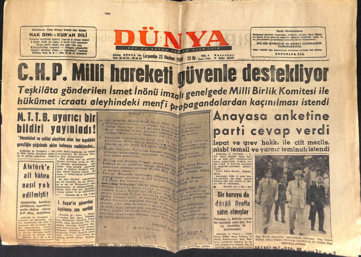 Dünya Gazetesi 22 Haziran 1960 - Cemal Gürsel Yargıtay Başkanını Ziyaret Etti - Hilmi F.Bahçe İle Anlaştı GZ153978 - 1