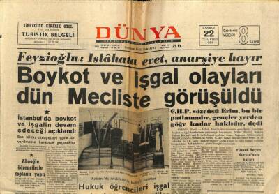 Dünya Gazetesi 22 Haziran 1968 - Boykot Ve İşgal Olayları Mecliste Görüşüldü GZ68306 - 1