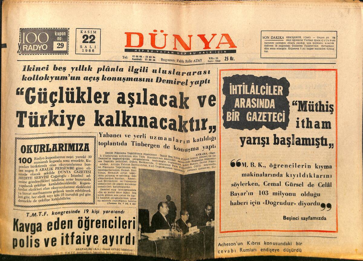 Dünya Gazetesi 22 Kasım 1966 - M. Paşa Stadı Yarın Açılıyor - Başkan Kennedy Üç Yıl Önce Dallas'ta Öldürülmüştü GZ149342 - 1