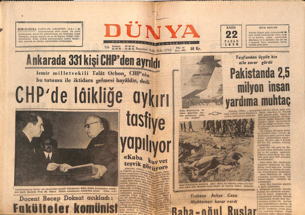 Dünya Gazetesi 22 Kasım 1970 - Türk-Macar Ortak Bildirisi Yayınlandı - Pakistanda 2.5 Milyon İnsan Yardıma Muhtaç GZ151308 - 1