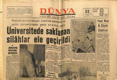 Dünya Gazetesi 22 Mart 1969 - Üniversitede Saklanan Silahlar Ele Geçirildi GZ68290 - 2