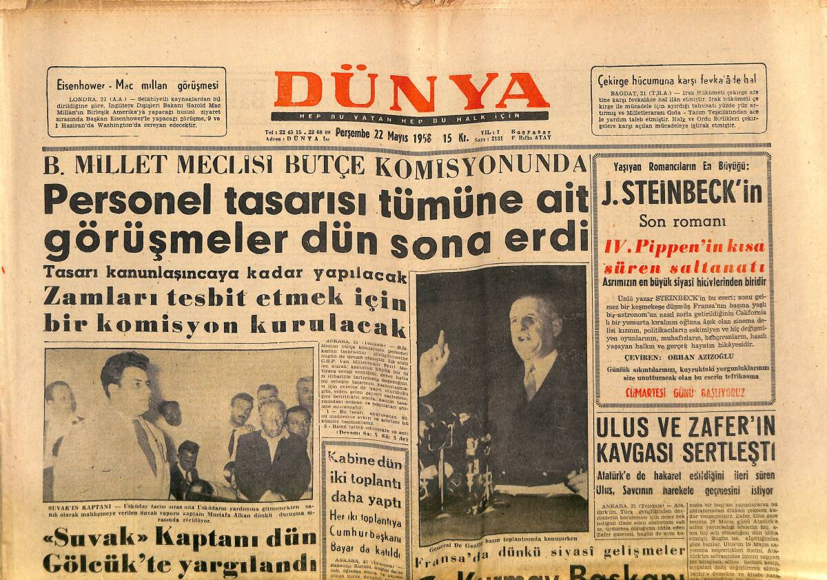 Dünya Gazetesi 22 Mayıs 1958 - Amerika Lübnan'a Tanklar Gönderdi - Galatasaray Lokomotiv Rövanş Maçında GZ152167 - 1
