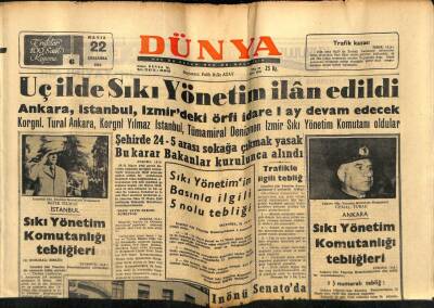 Dünya Gazetesi 22 Mayıs 1963 - Üç İlde Sıkı Yönetim İlan Edildi GZ59940 - 2