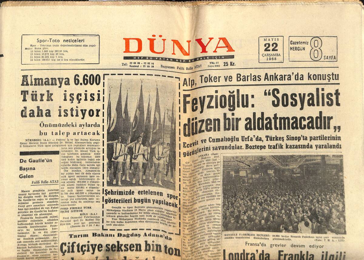 Dünya Gazetesi 22 Mayıs 1968 - Almanya 6600 Türk İşçisi Daha İstiyor - De Gaulle'ün Başına Gelen GZ148190 - 1