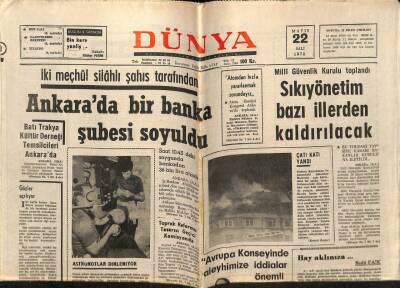 Dünya Gazetesi 22 Mayıs 1973 - Sıkıyönetim Bazı İllerden Kaldırılacak GZ61039 - 1