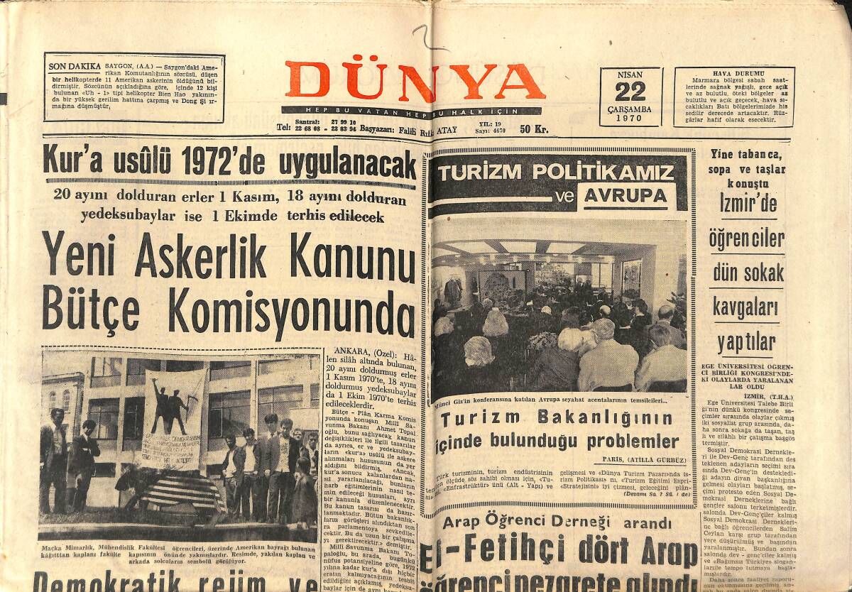 Dünya Gazetesi 22 Nisan 1970 - Fenerbahçe Maçına Hazırlanan Galatasaray Kendinden Emin - Giresun Kağıt Fabrikası Kasımda İmalata Başlıyor GZ150933 - 1