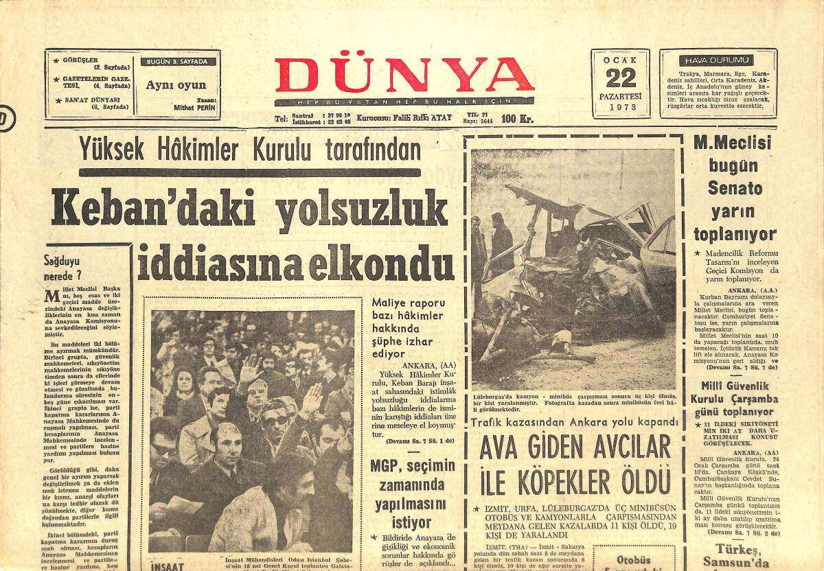 Dünya Gazetesi 22 Ocak 1973 - Japon Uçakları, Rus Uçaklarını Geri Çevirdi - Panagulis, Filistin Gerilla Kampında Eğitim Görmüş GZ142787 - 1
