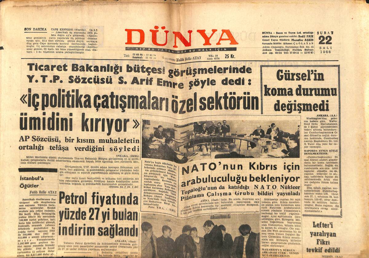 Dünya Gazetesi 22 Şubat 1966 - Lefter'i Yaralayan Fikri Tevkif Edildi - Jane Fonda, Vadim'i Yeniden Yaratıyor GZ150825 - 1