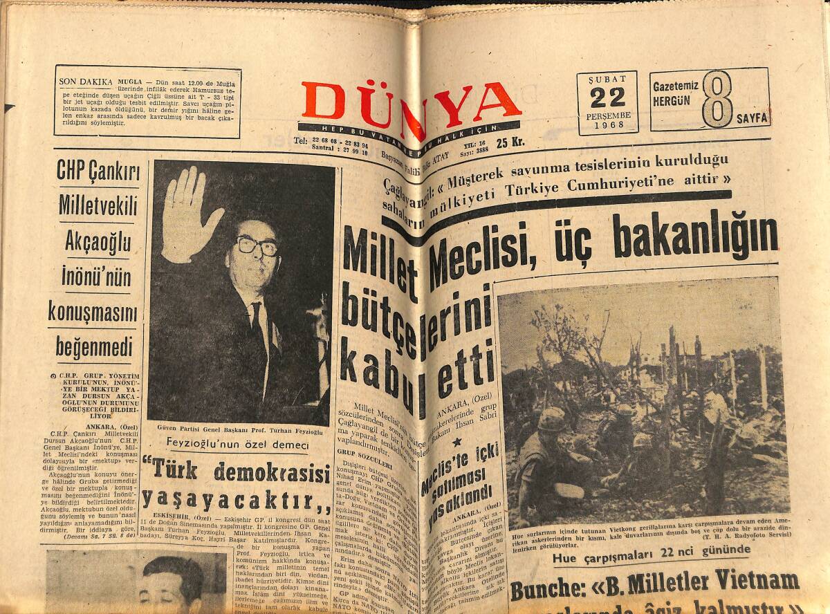 Dünya Gazetesi 22 Şubat 1968 - Bilgehan Motorlu Taşıtlar Vergisi İle İlgili Bir Demeç Verdi - Millet Meclisi , Üç Bakanlığın Bütçelerini Kabul Etti GZ148752 - 1