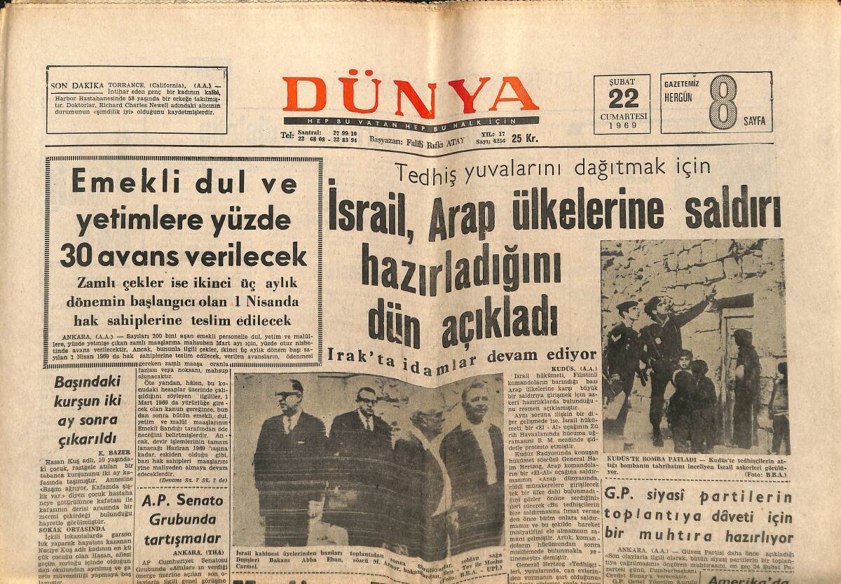 Dünya Gazetesi 22 Şubat 1969 - İsrail Arap Ülkelerine Saldırı Hazırladığını Açıkladı - Dalida Ve Erkekler GZ148192 - 1