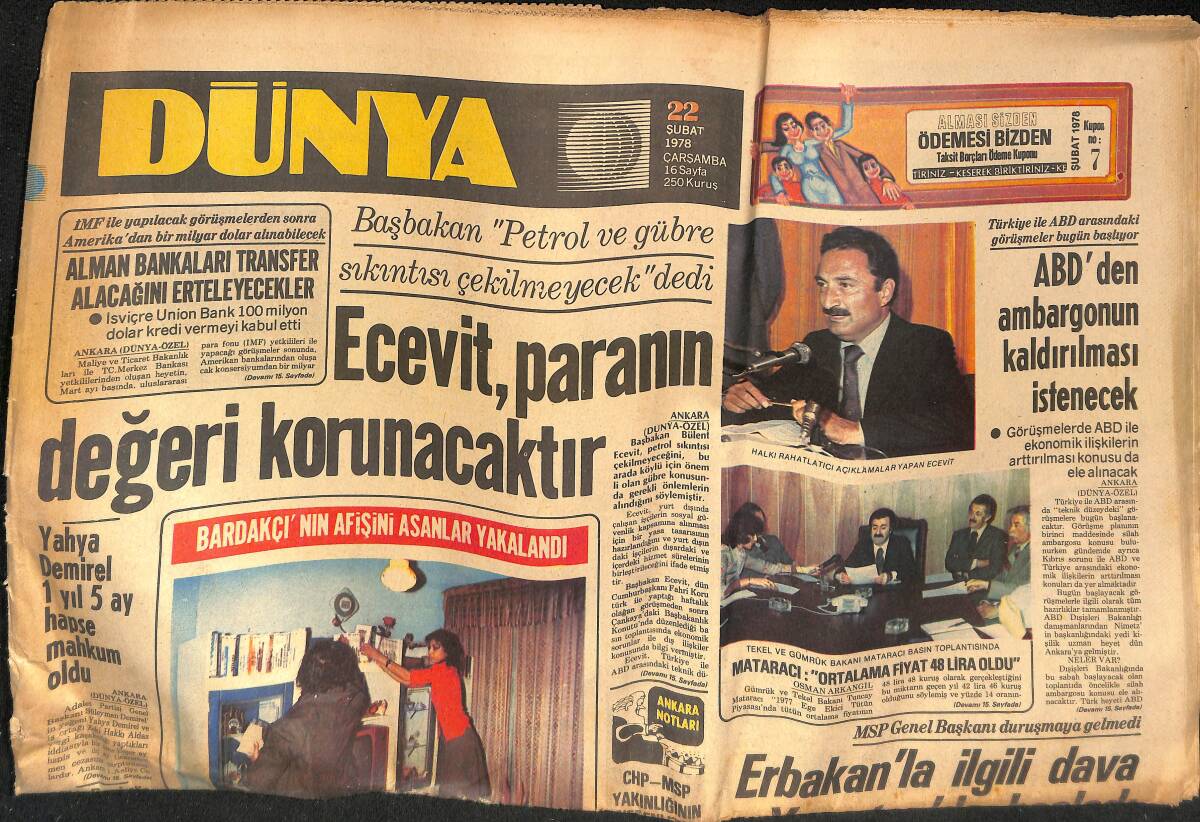 Dünya Gazetesi 22 Şubat 1978 - ABD'den Ambargonun Kaldırılması İstenecek - Erbakan'la İlgili Dava Yargıtay'da Başladı GZ133518 - 1