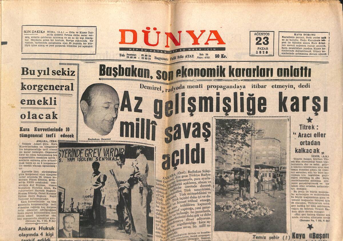 Dünya Gazetesi 23 Ağustos 1970 - Amerika'nın Küçük Prensesi Tricia Nixon - Beşiktaş Ve Galatasaray Büyük Randevuya Hazır GZ151032 - 1