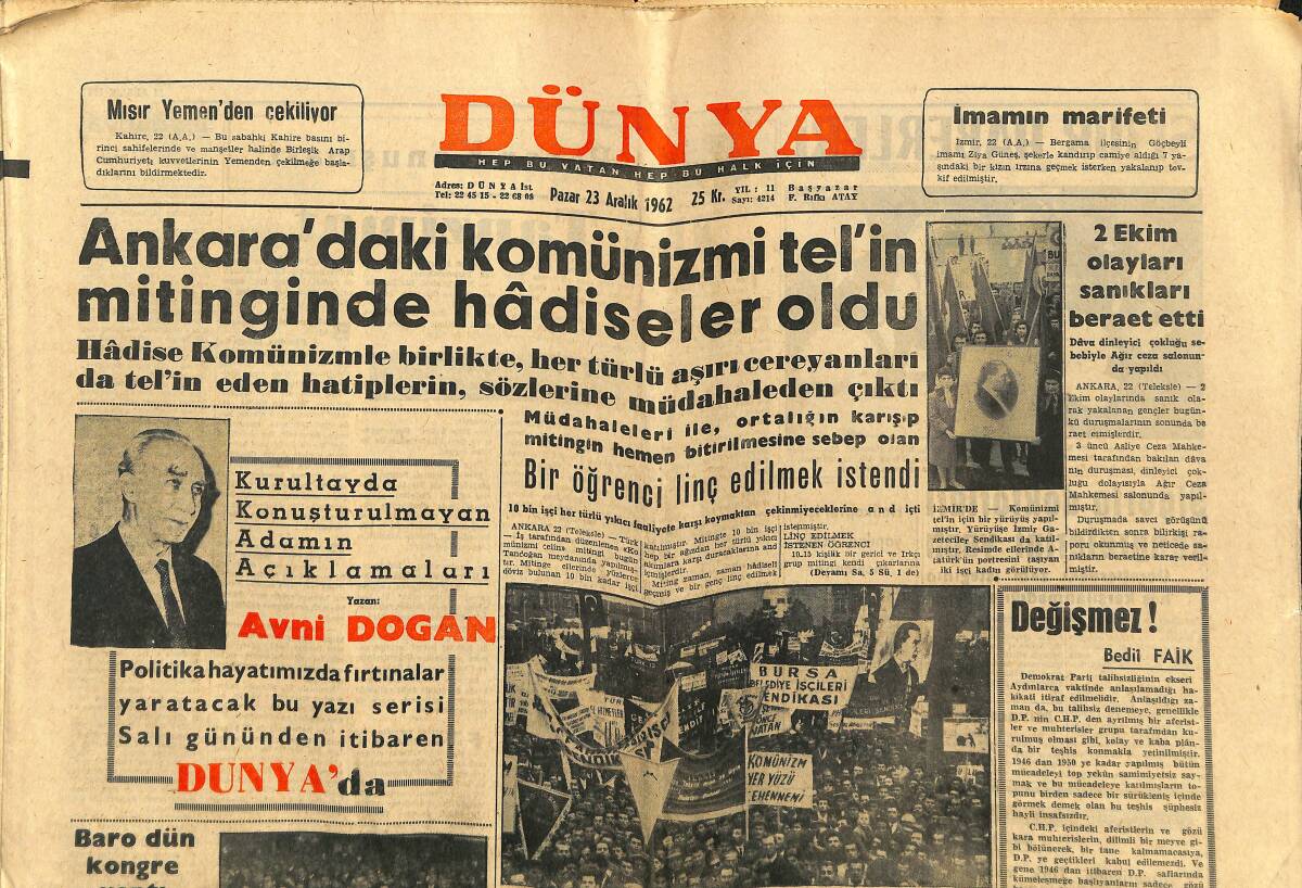 Dünya Gazetesi 23 Aralık 1962 - Ankara'daki Komünizmi Tel'in Mitinginde Hadiseler Oldu GZ148072 - 1