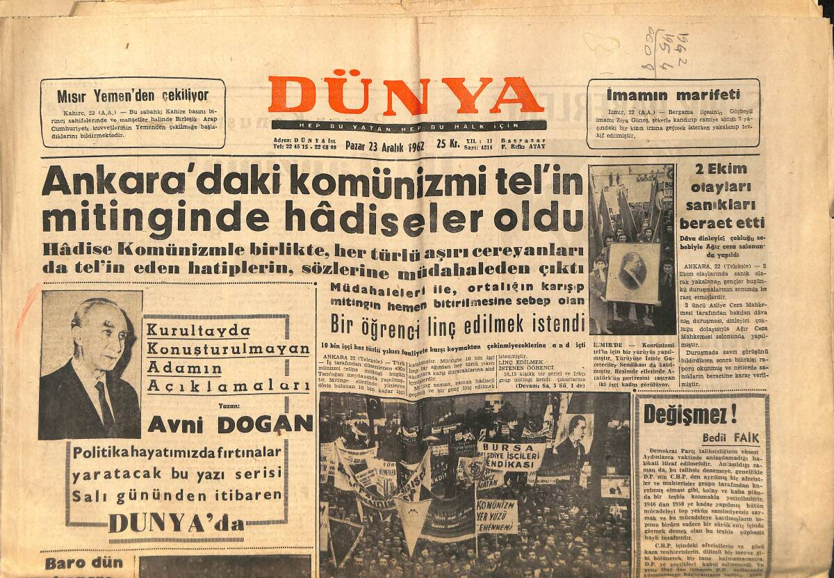 Dünya Gazetesi 23 Aralık 1962 - Zenith İlk Maçını Galatasaray'la Oynuyor - Mısır Yemen'den Çekiliyor GZ156625 - 1