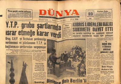 Dünya Gazetesi 23 Aralık 1963 - Kıbrıs Liderleri Halk Sukunete Davet Etti GZ80762 - 1