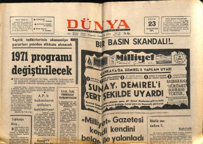 Dünya Gazetesi 23 Ekim 1971 - Milliyet Gazetesi Kendi Kendini Belge İle Yalanladı GZ61007 - 1