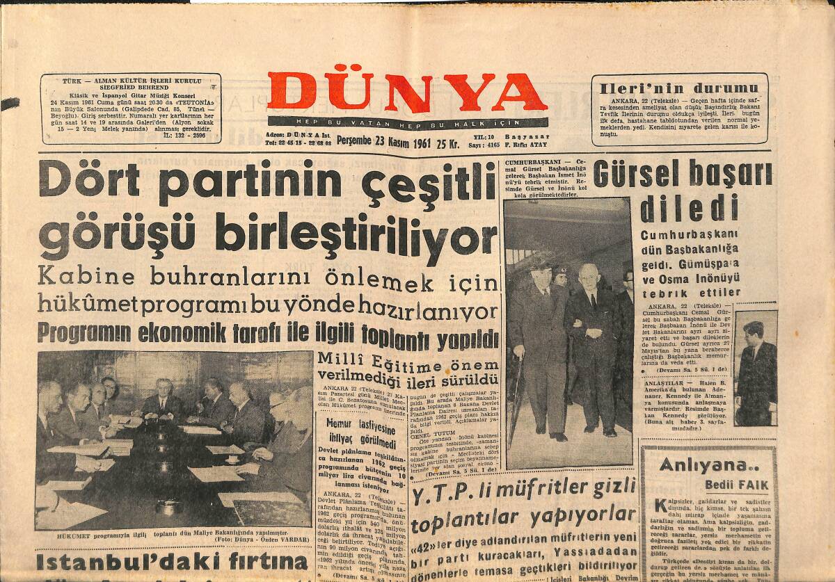 Dünya Gazetesi 23 Kasım 1961 - Bayar'ın Gazetemize Telgrafı - Gürsel Başarı Diledi GZ148092 - 1