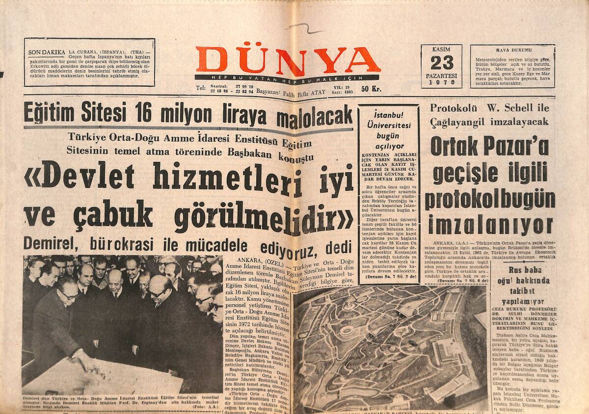 Dünya Gazetesi 23 Kasım 1970 - Kolera Salgını , DDY'nı 20 Milyon Lira Zarar Soktu GZ151302 - 1