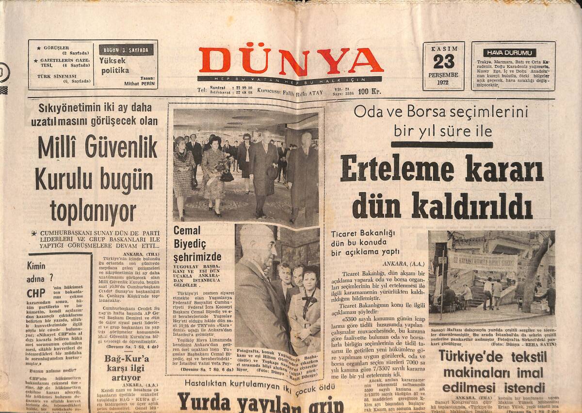 Dünya Gazetesi 23 Kasım 1972 - Cemal Biyediç Şehrimizde - Türkiye'de Tekstil Makinaları İmal Edilmesi İstendi GZ150401 - 1