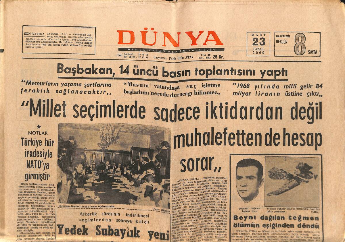 Dünya Gazetesi 23 Mart 1969 - Adana-Ankara Yolu Kapandı - Galatasaray , Fenerbahçe'yi Baskette Yendi GZ151263 - 1