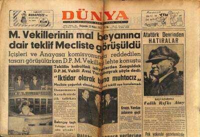 Dünya Gazetesi 23 Mayıs 1957 - Millet Vekillerinin Mal Beyanına Dair Teklif Mecliste Görüşüldü GZ59913 - 2