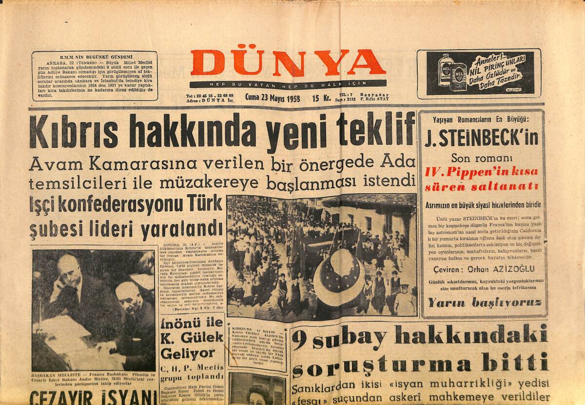 Dünya Gazetesi 23 Mayıs 1958 - Brigitte Bardot'un Yerine Geçen Güzel Anet - Kıbrıs Hakkında Yeni Teklif GZ152168 - 1