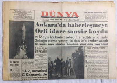 Dünya Gazetesi 23 Mayıs 1960 - Ankarada Haberleşmeye Örfi İdare Sansür Koydu - GZ21327 - 1
