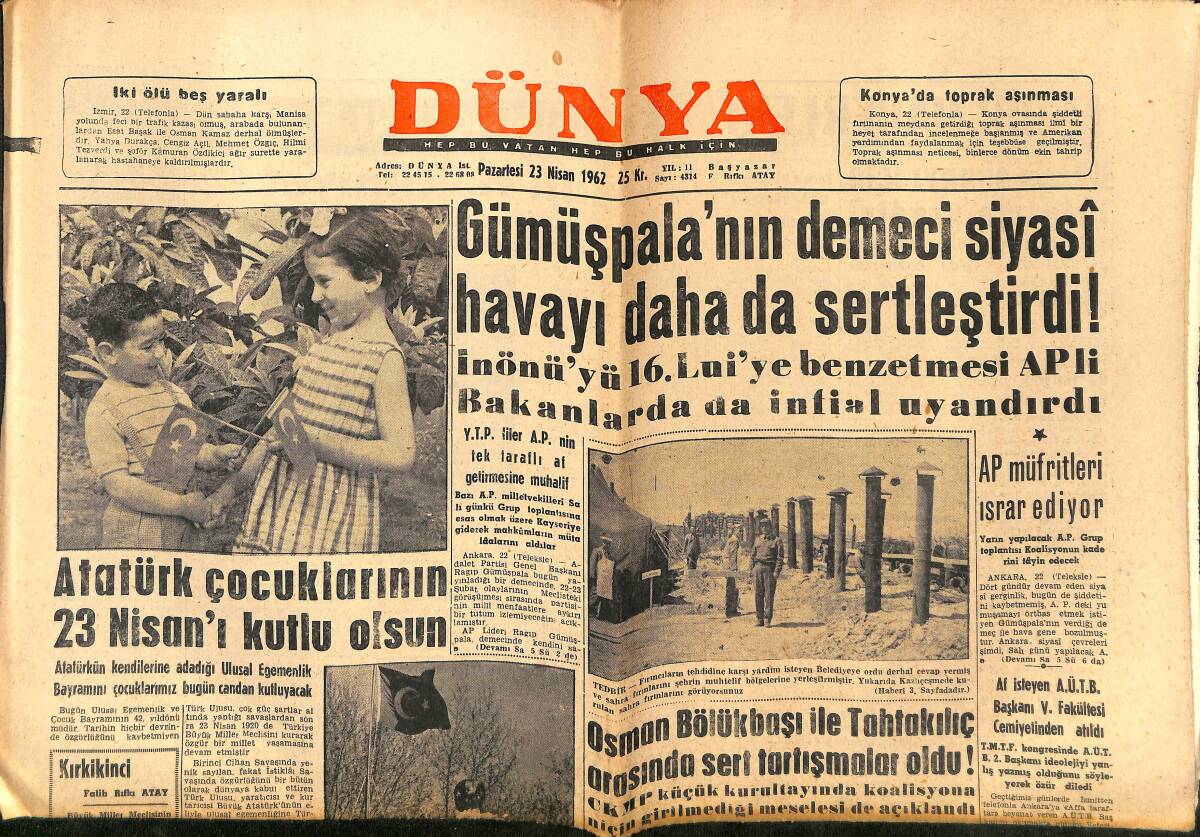 Dünya Gazetesi 23 Nisan 1962 - Fenerbahçe Karagümrük'ü Penaltı Golü İle Yendi - Fatih Caddesini Tıkayan Enkaz GZ147954 - 1