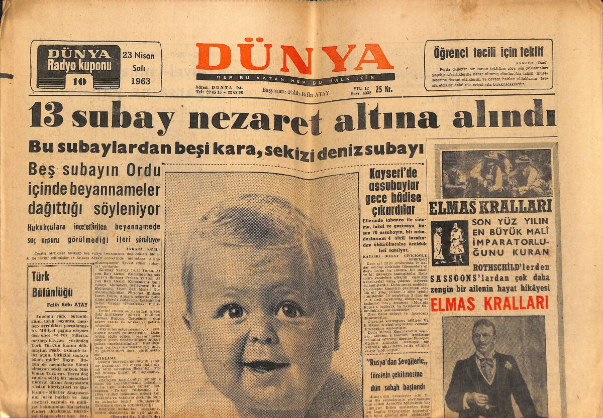 Dünya Gazetesi 23 Nisan 1963 - 13 Subay Nezaret Altına Alındı - Kennedy'nin Özel Temsilcisi Dün Geldi GZ148108 - 1